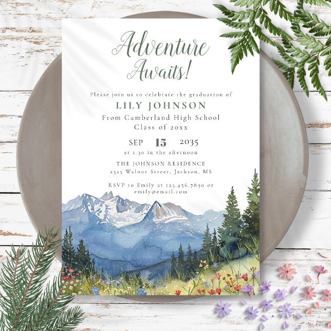 Convites Aventura Espera Montanhas Festa de Formatura (Adventure Awaits Mountains Graduation Party Invitation)