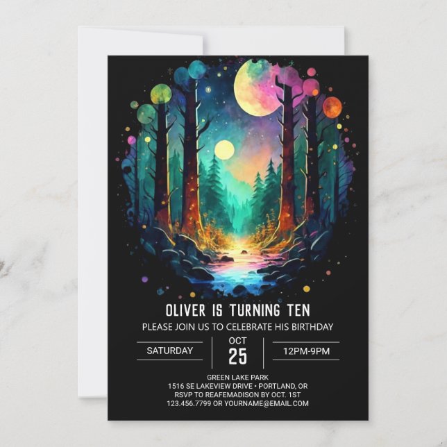 Convites Aventura Florestal Aguarda Aniversário Místico (Frente)