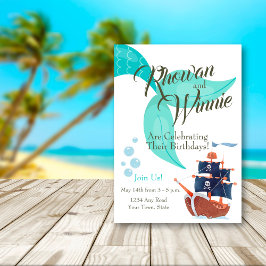 Convites Aventura Náutica, Sereia e Pirata, Aniversário Dup