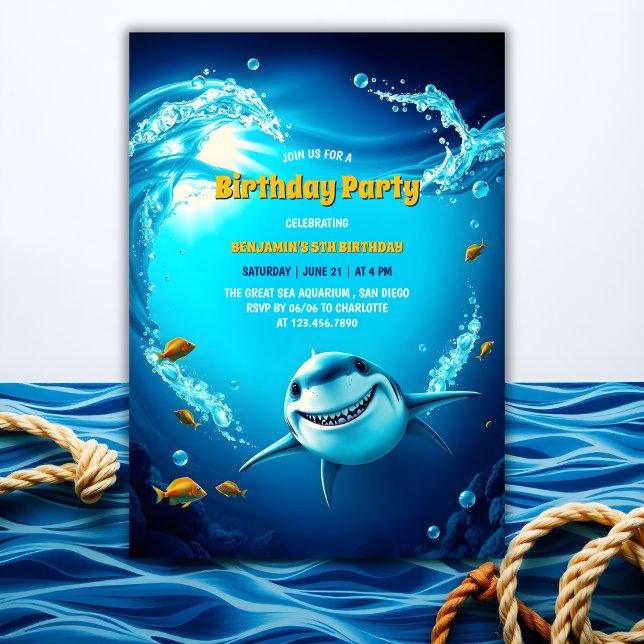 Convites Aventura Para Crianças, Aniversário De Tubarão (Ocean Adventure For Kids Fun Shark Birthday Invitation)