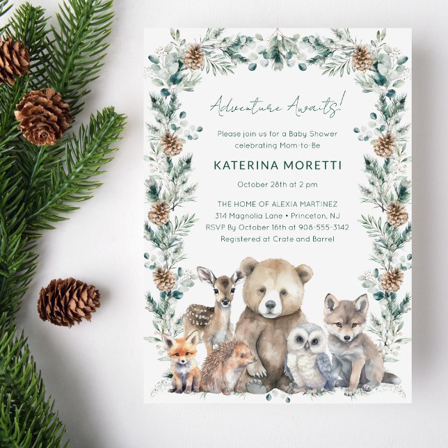 Convites Aventura Rustic Woodland Aguarda Chá de fraldas (This gender neutral Adventure Awaits woodland baby shower invitation features winter greenery)