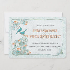 Convites Aves Vintage Turquoise e Casamento tema damasco La
