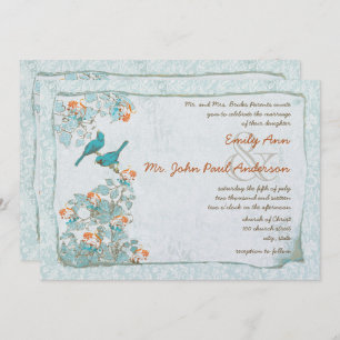 Convites Aves Vintage Turquoise e Casamento tema damasco La