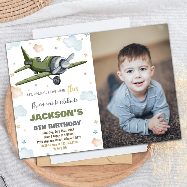 Convites Avião Aniversário Convidou Verde Com Foto (Airplane Birthday Invitations Green With Photo)