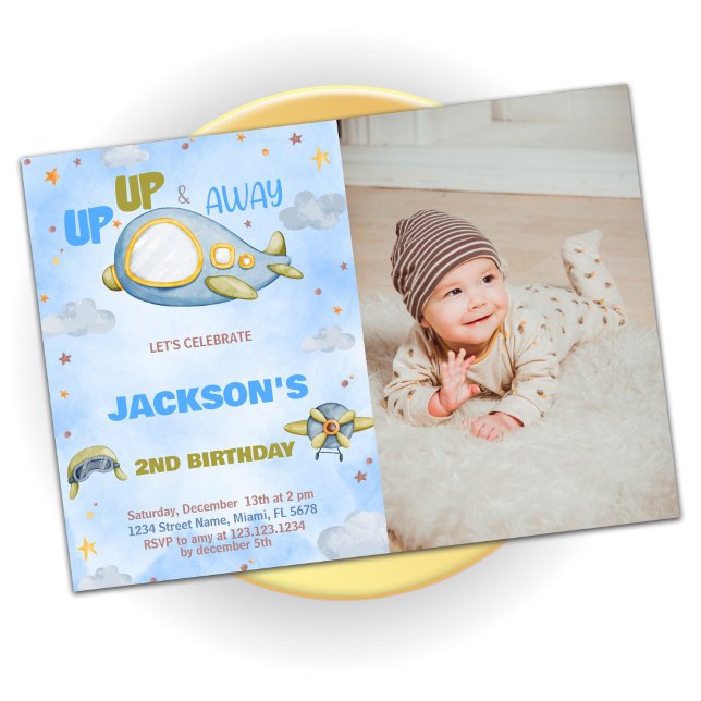 Convites Avião Aniversário Invoca Azul Laranja com foto (Airplane Birthday Invitations Blue Orange w photo)