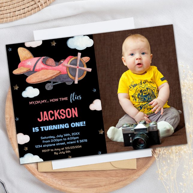 Convites Avião Aniversário Invoca Black Brown com Foto (Airplane Birthday Invitations Black Brown w Photo)