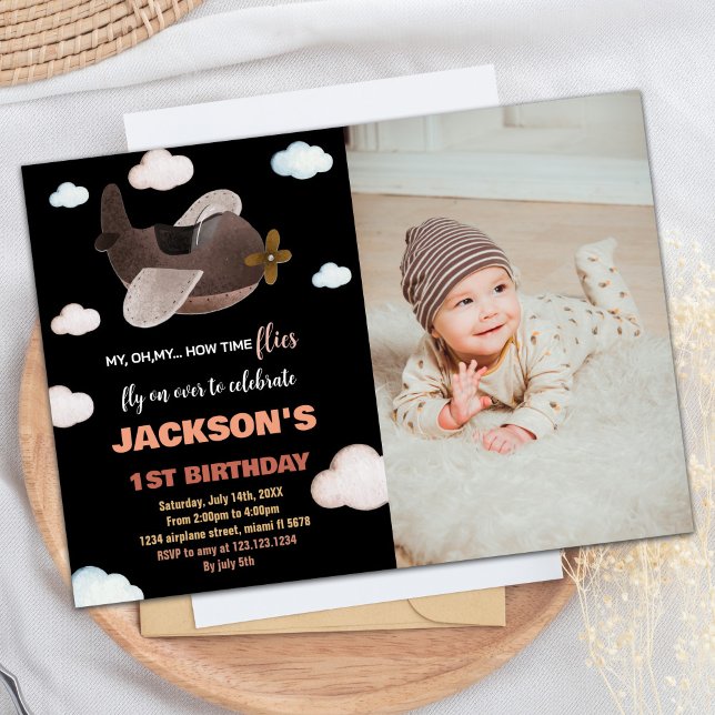 Convites Avião Aniversário Invoca Black Brown com Foto (Airplane Birthday Invitations Black Brown w Photo)