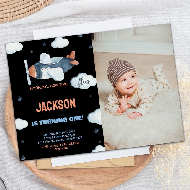Convites Avião Aniversário Invoca Black Brown W Foto (Airplane Birthday Invitations Black Brown W Photo)