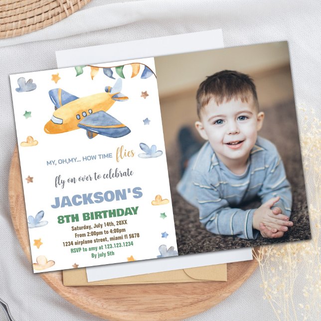Convites Avião Aniversário Invoca Cinza Amarela W Foto (Airplane Birthday Invitations Yellow Gray W Photo)