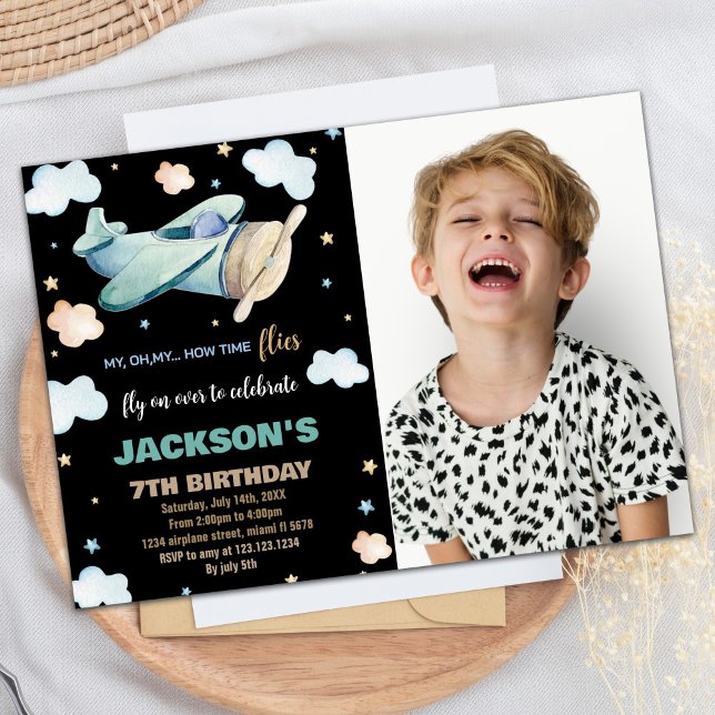 Convites Avião Aniversário Invoca Verde Marrom com Foto (Airplane Birthday Invitations Green Brown w Photo)