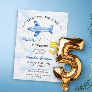 Convites Avião Azul e Dourado de Aquarela para 5º Aniversár