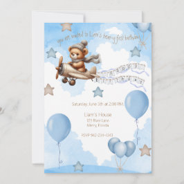 Convites Avião Bear y, azul de primeiro aniversário