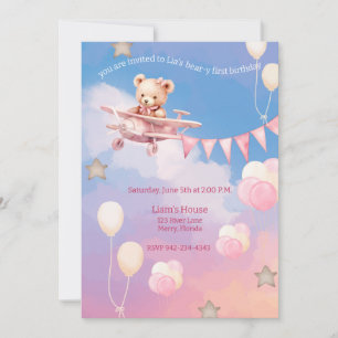 Convites Avião Bear y, cor-de-rosa de primeiro aniversário