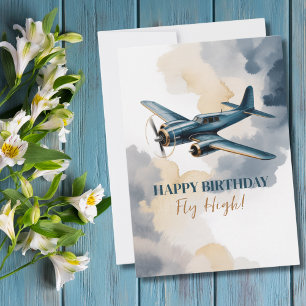 Convites Avião de Aniversário Azul e Dourada Aquarela Elega