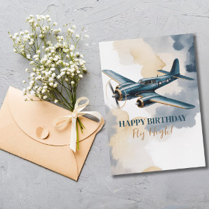 Convites Avião de Aniversário Azul e Dourada Aquarela Elega