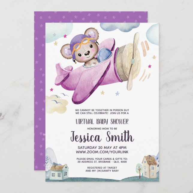 Convites Avião do Urso de Teddy | Chá de fraldas virtual (Frente/Verso)