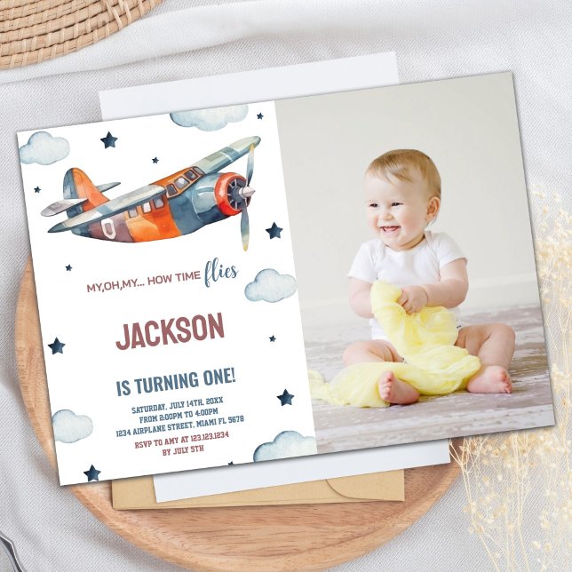Convites Avião inventa laranja com foto (Airplane Birthday Invitations Orange With photo)