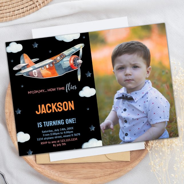 Convites Avião Invoca Aniversário Laranja Negro com Foto (Airplane Birthday Invitations Black Orange w Photo)
