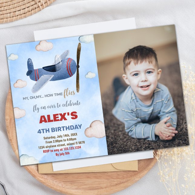 Convites Avião Invoca Azul Vermelho com Foto (Airplane Birthday Invitations Blue Red With photo)