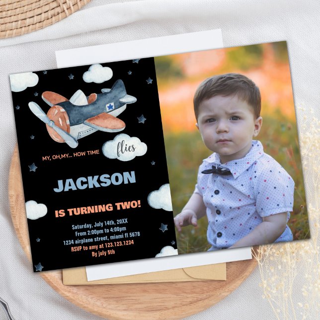 Convites Avião Invoca Black BK no Aniversário com foto (Airplane Birthday Invitations Black BK with photo)