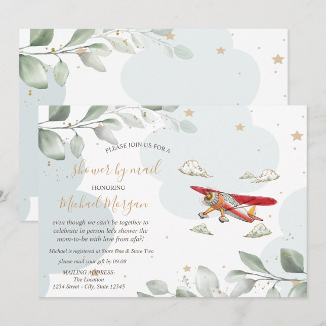 Convites Avião,Nuvens,Estrelas,Chá de fraldas Por Correio (Frente/Verso)