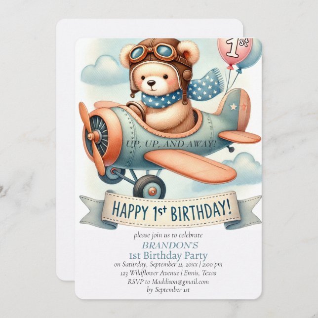 Convites Avião primeiro aniversario para cima e para fora (Frente/Verso)
