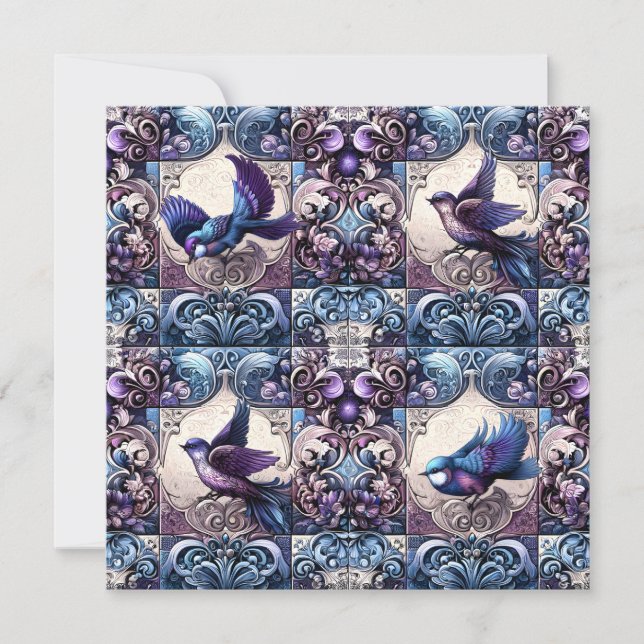 Convites Aviário Vitoriano: Um Jardim Azulejo Roxo (Frente)