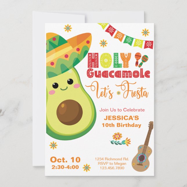 Convites Avocado Birthday Fiesta Party Kids Green Red (Frente)