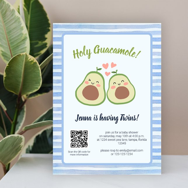 Convites Avocado Gênero Código QR Neutro Gêmeos Chá de fral (Avocado Gender Neutral QR Code Twins Baby Shower Invitation)