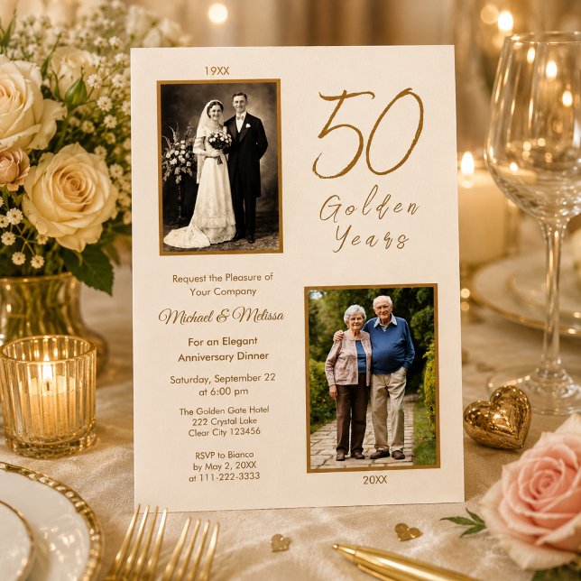 Convites Avós Celebração de 50 Anos de Ouro (Elegant ivory and gold 50th anniversary dinner invitation with romantic candlelight and vintage phot)