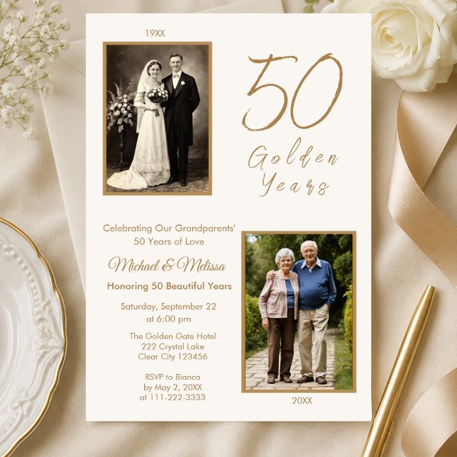 Convites Avós Celebração de 50 Anos de Ouro (Elegant ivory and gold grandparents 50th anniversary invitation with photo)