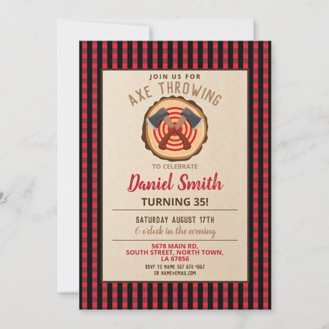 Convites Ax Jogando Onda De Xadrez De Lumberjack De Madeira (Frente)