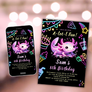 Convites Axolotl Aniversário Festa Neon Axolotl