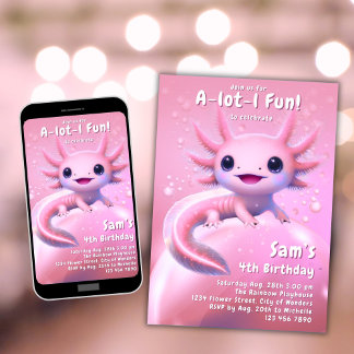Convites Axolotl Aniversário Rapariga Rosa Axolotl Parte