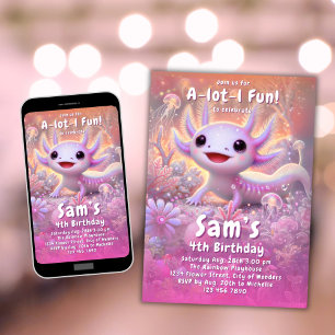 Convites Axolotl Birthday Invitation Girls Rosa Axolotl