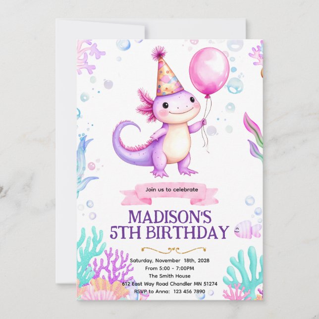 Convites Axolotl Birthday party invitation (Frente)