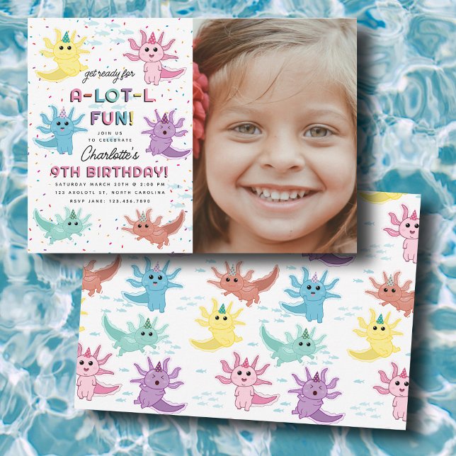 Convites Axolotl Kids Cute Salamander Photo Festa de aniver (Axolotl Kids Cute Salamander Photo Birthday Party Invitation)