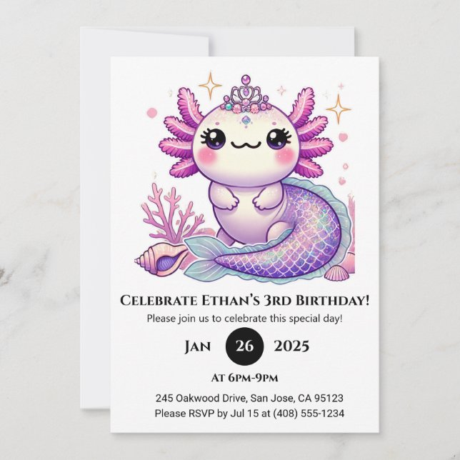 Convites Axolotl Mermaid Princess Birthday (Frente)