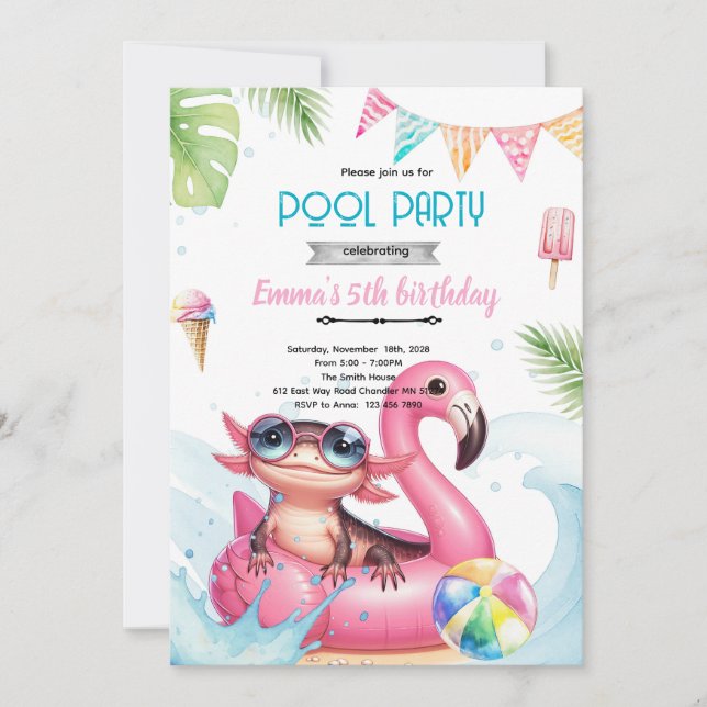 Convites Axolotl Pool party theme invitation (Frente)