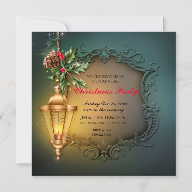 Convites Azevinho de Lanterna Brilhante Pinha de Natal Féri (Frente)