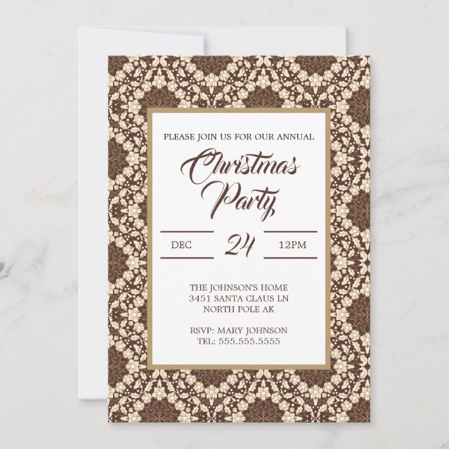 Convites Azevinho de Natal, Vintage Creme e Marrom (Frente)