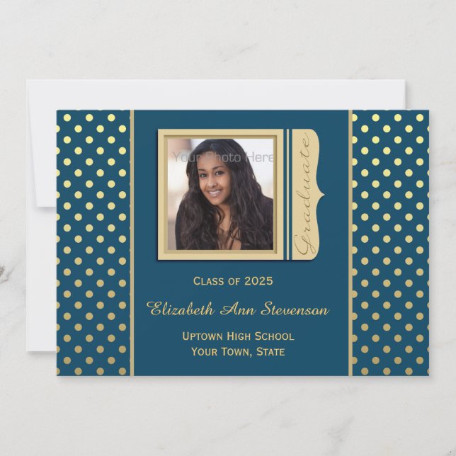 Convites Azuis marinhos, bolinhas Dourados, foto da (Frente)