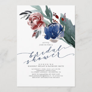Convites Azuis marinhos & chá de panela elegante floral de