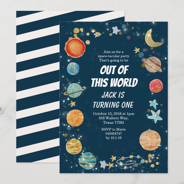 Convites Azuis marinhos do aniversário do planeta do (Frente/Verso)