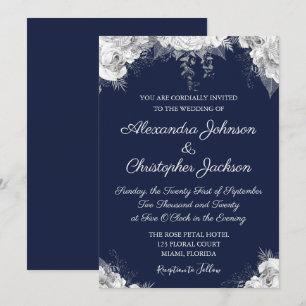 Convites Azuis marinhos e casamento floral de Pearl White