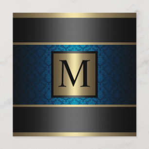 Convites Azuis marinhos, preto e ouro do damasco do