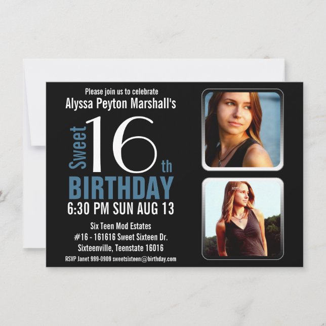 Convites Azuis modernos e enegrecem 2 o partido do doce 16 (Frente)