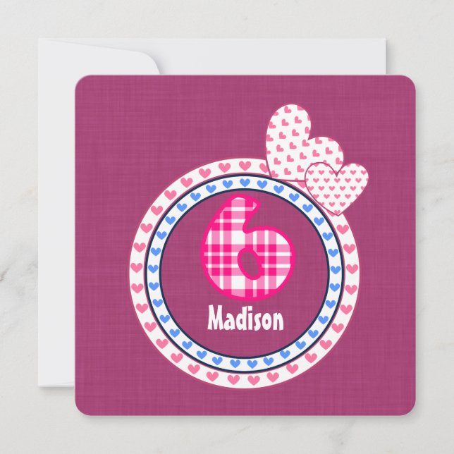 Convites Azul 003 do rosa da criança de seis anos do (Frente)