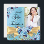 Convites Azul 50 e Fabuloso Arco de Foto Dourado Aniversári<br><div class="desc">Fabuloso 50, Foto, Dourado Rosa azul roxo com arco e damasco dourado. Moderno Elegante e Na moda 50º Convites de aniversário. Todos os convites de Ocasion para adicionar fotos. Todos os convites de aniversário de Ocasiões. Personalize com seus próprios detalhes e idade. Modelo para Sweet 16, 16, Quinceanera 15, 18,...</div>
