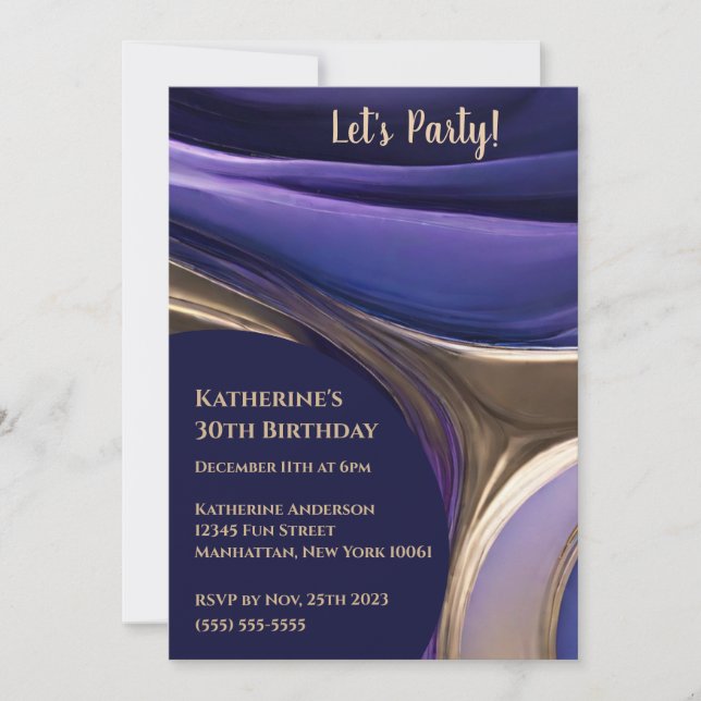 Convites Azul Abstrato de festa de aniversário, Roxo e Dour (Frente)